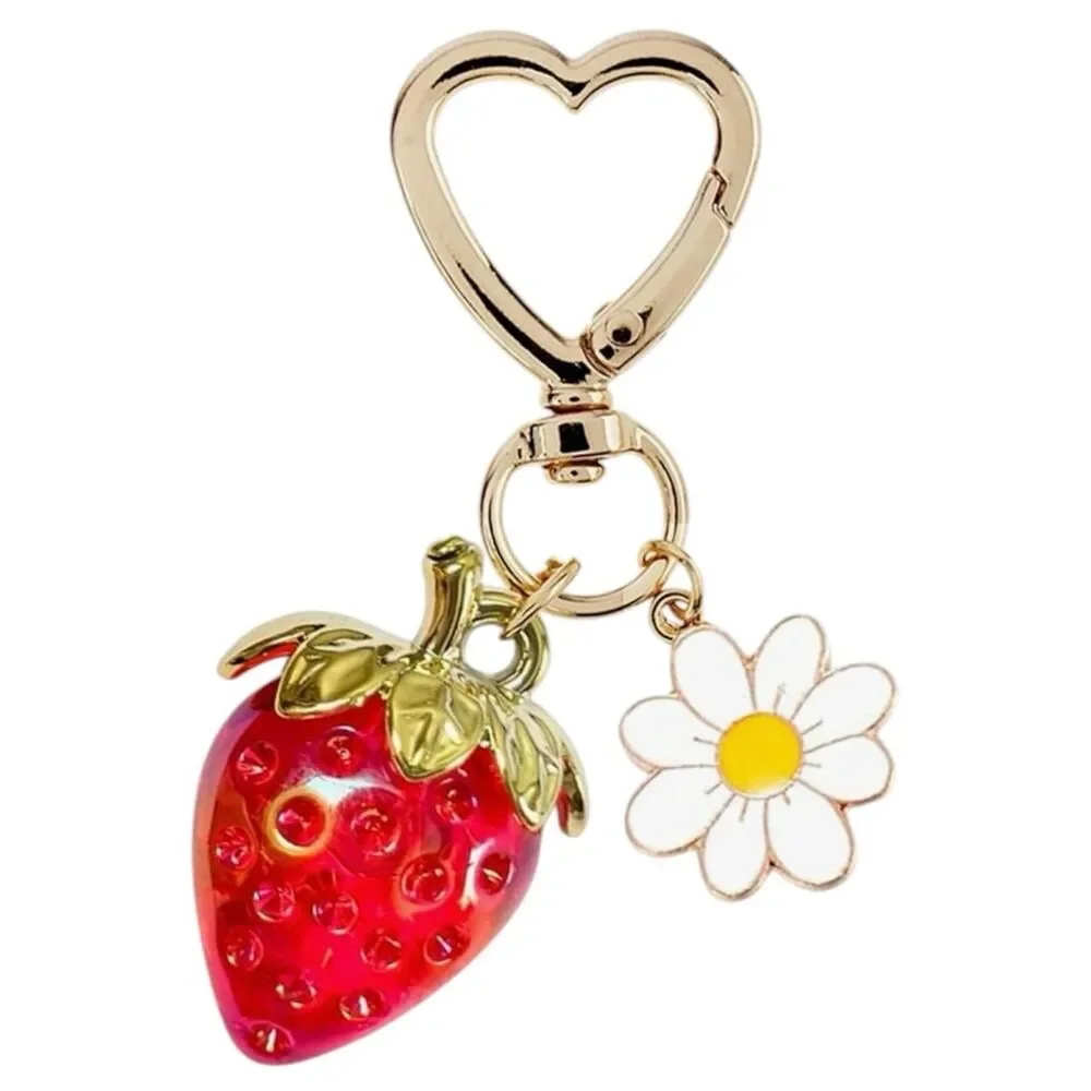 NEW Gold Heart Keychain with Red Strawberry & White Daisy Charms